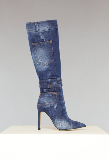 Denim Look Knielaarzen met Stiletto Hak