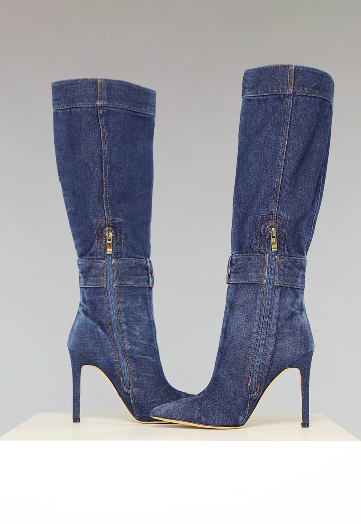 Denim Look Knielaarzen met Stiletto Hak