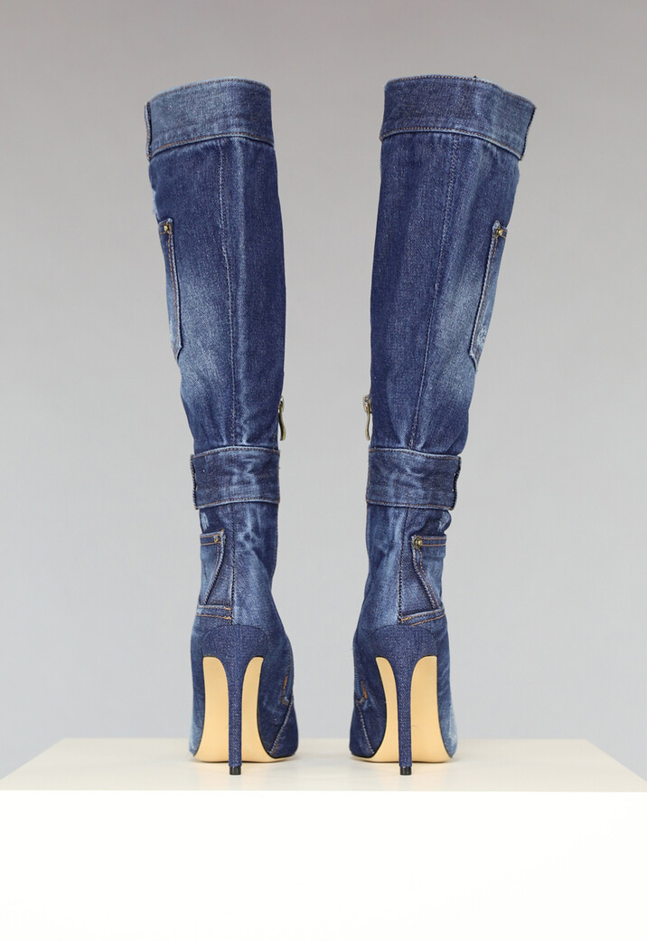 Denim Look Knielaarzen met Stiletto Hak