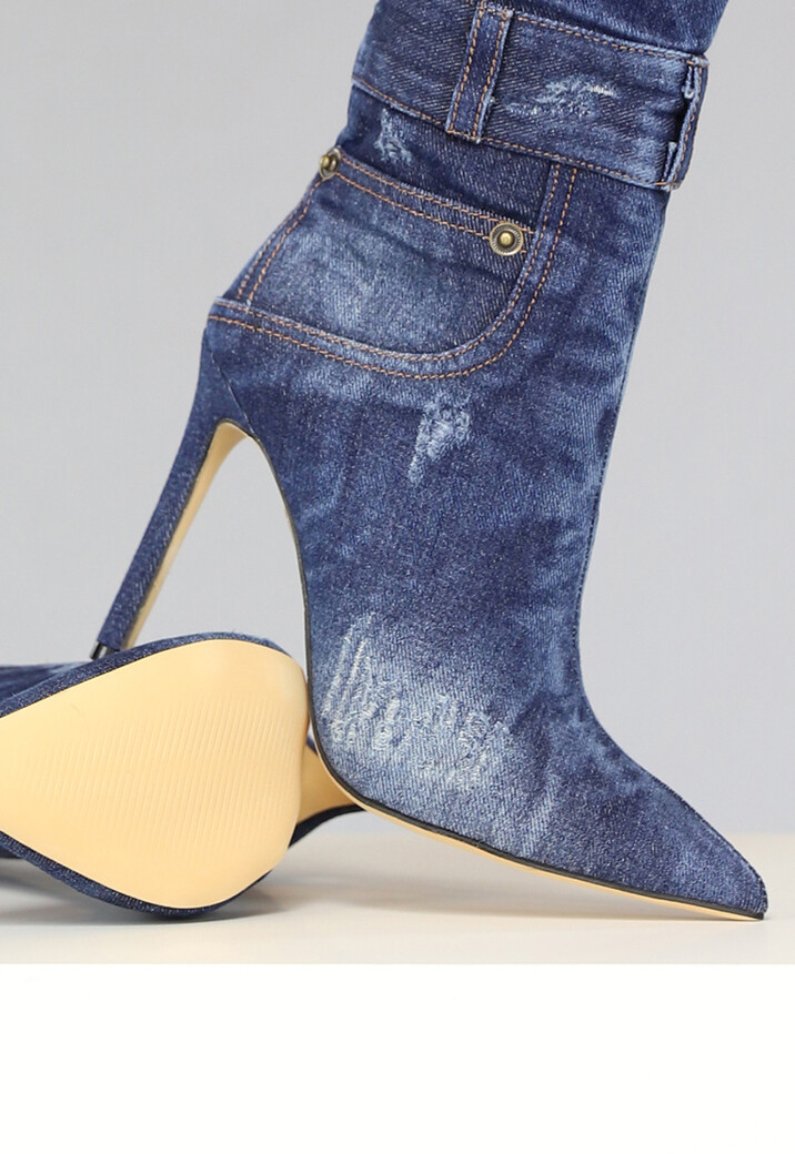 Denim Look Knielaarzen met Stiletto Hak