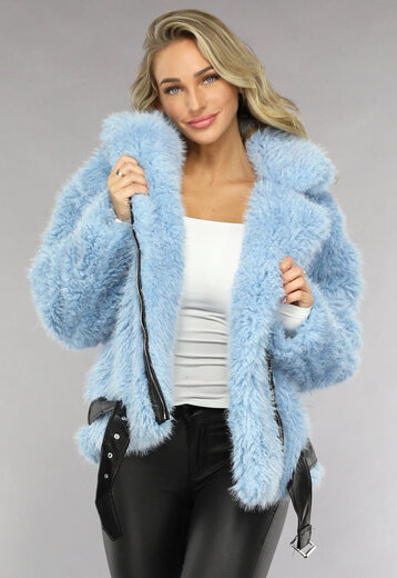 SALE50 Blauwe Faux Fur Winterjas met Riem