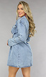 Blauwe Getailleerde Denim Jurk met Trompetmouwen