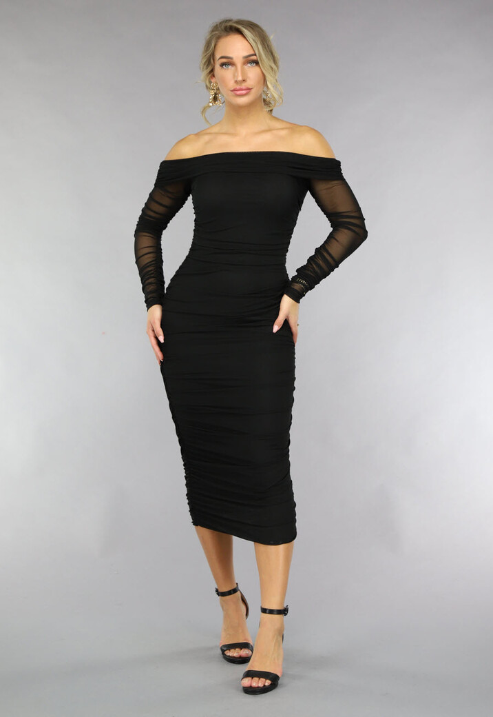 Gedrapeerde Zwarte Bodycon Off Shoulder Mesh Jurk