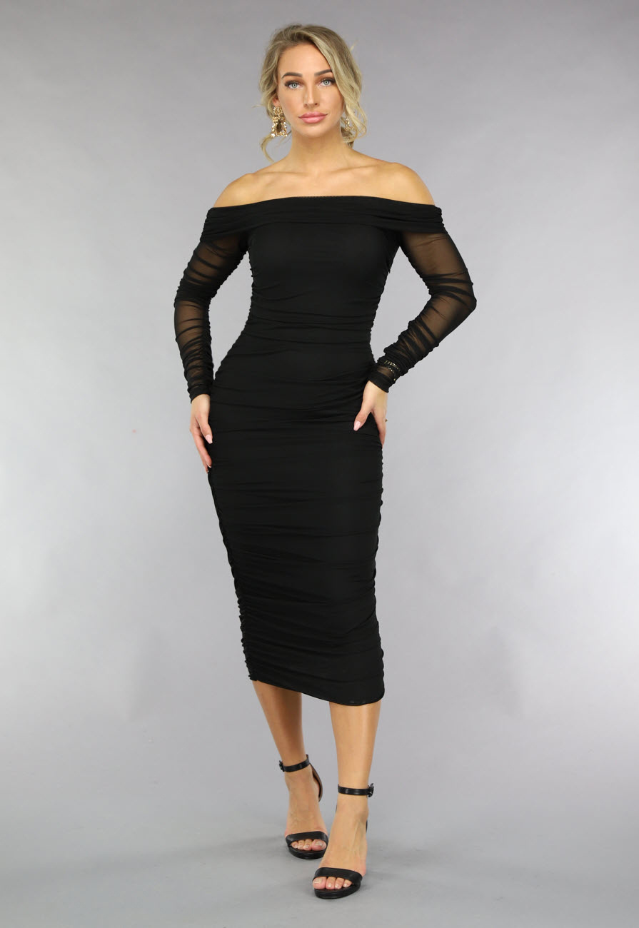 Gedrapeerde Zwarte Bodycon Off Shoulder Mesh Jurk