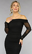 Gedrapeerde Zwarte Bodycon Off Shoulder Mesh Jurk
