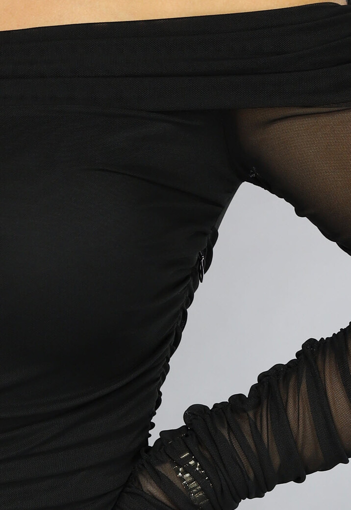 Gedrapeerde Zwarte Bodycon Off Shoulder Mesh Jurk