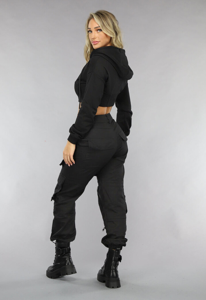 Zwart Cropped Korset Look Vestje met Capuchon