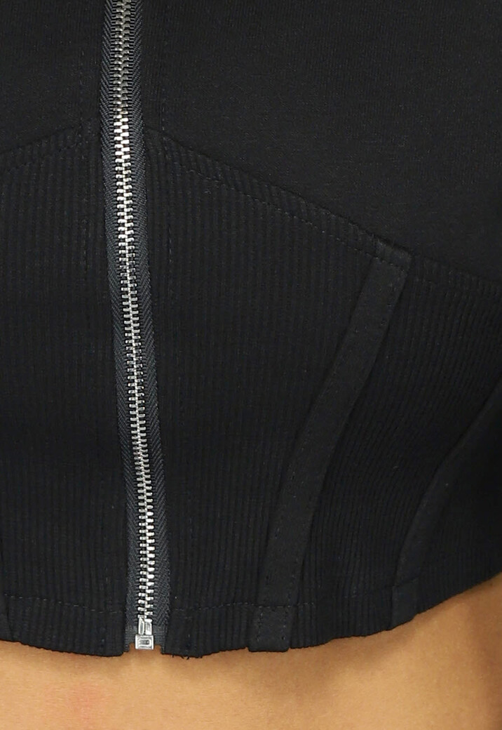 Zwart Cropped Korset Look Vestje met Capuchon