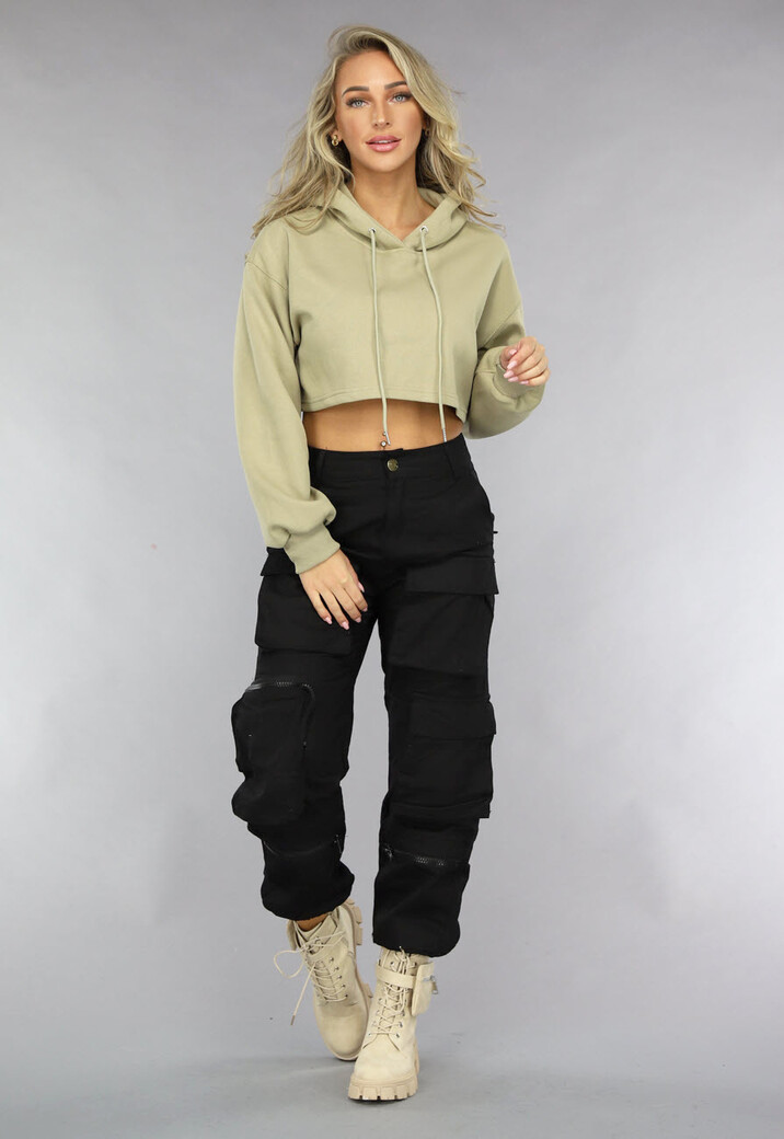 Khaki Cropped Hoodie met Pofmouwen