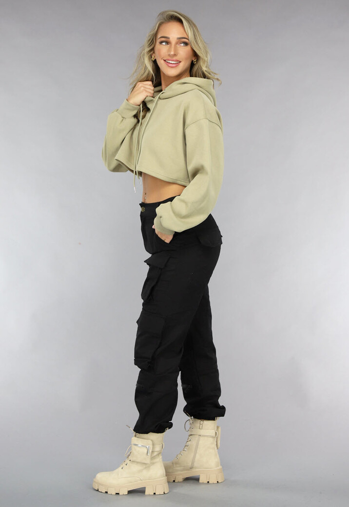 Khaki Cropped Hoodie met Pofmouwen