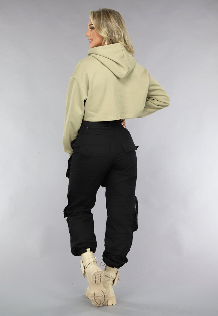 Khaki Cropped Hoodie met Pofmouwen