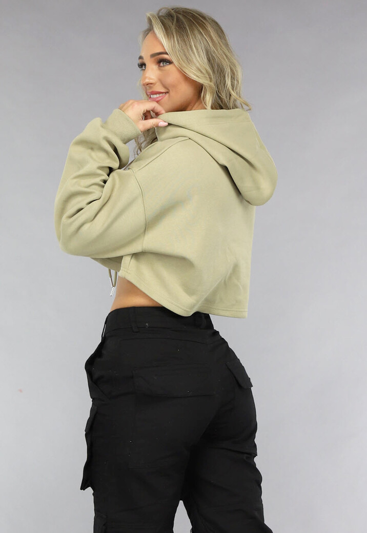 Khaki Cropped Hoodie met Pofmouwen