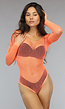 Neon Oranje Off Schoulder Fishnet Bodysuit met Glitter Steentjes