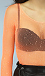 Neon Oranje Off Schoulder Fishnet Bodysuit met Glitter Steentjes