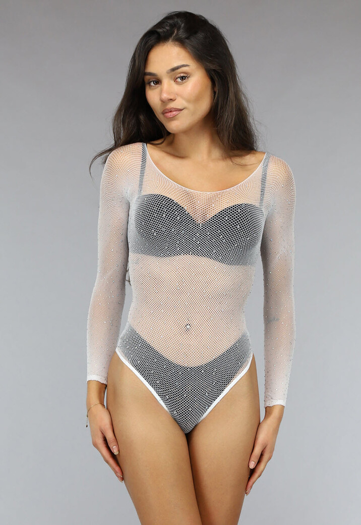 Witte Fishnet Off Shoulder Bodysuit met Glitter Steentjes