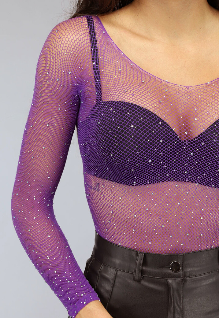 Paarse Longsleeve Bodysuit met Strass Steentjes