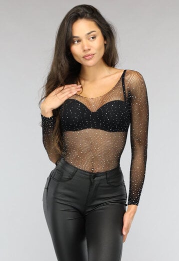 NEW0811 Zwarte Glitter Fishnet Bodysuit