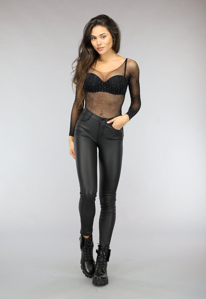 Zwarte Off Shoulder Glitter Fishnet Bodysuit