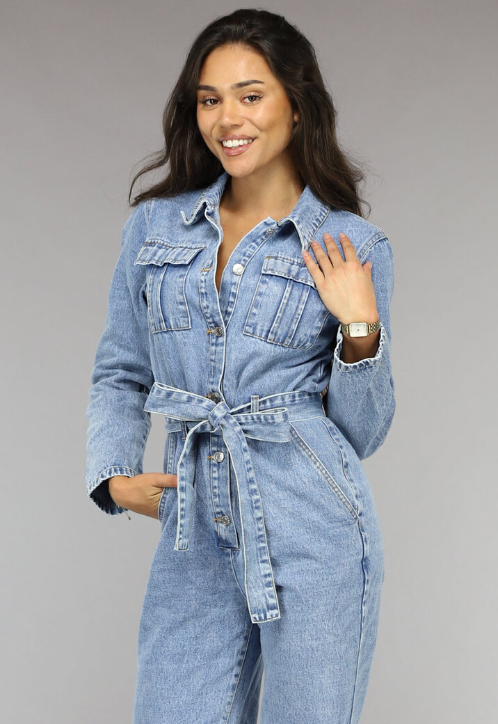 Blauwe Longsleeve Jeans Jumpsuit met Tailleband