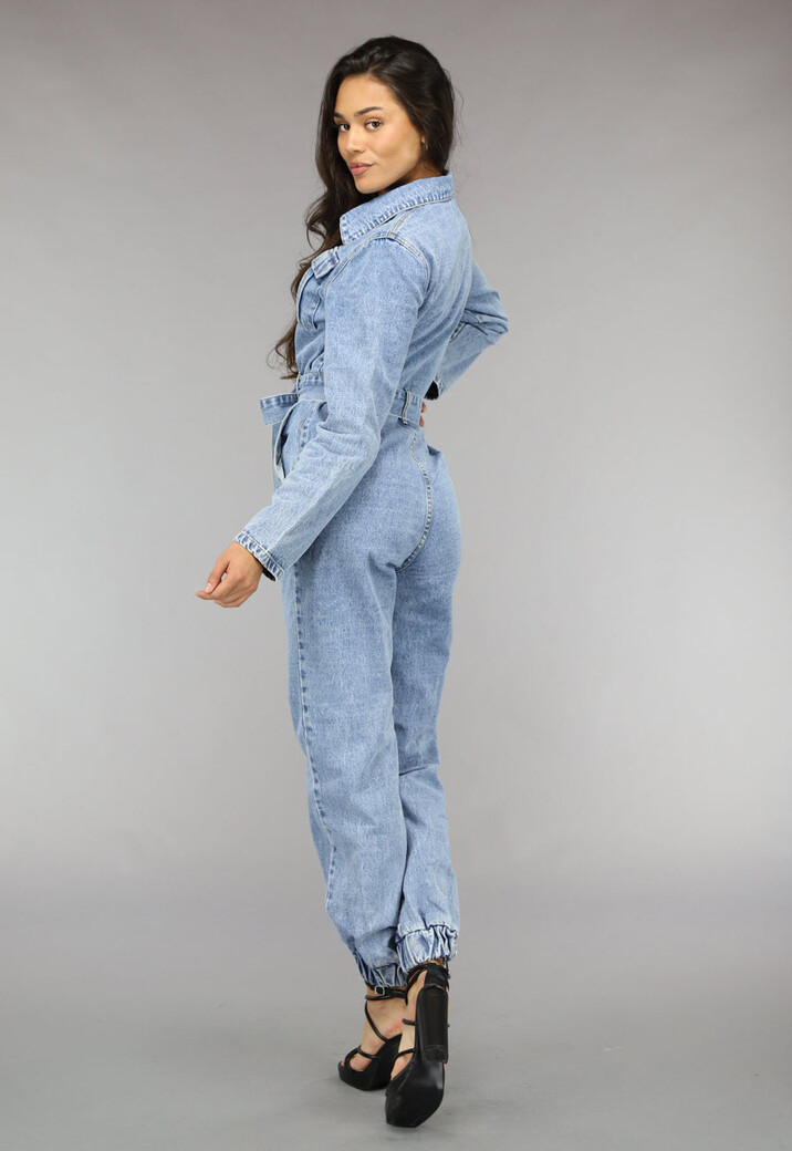 Blauwe Longsleeve Jeans Jumpsuit met Tailleband