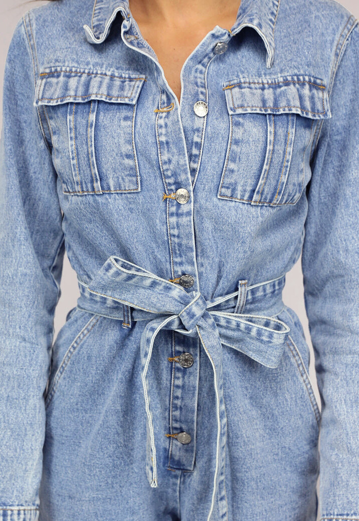 Blauwe Longsleeve Jeans Jumpsuit met Tailleband