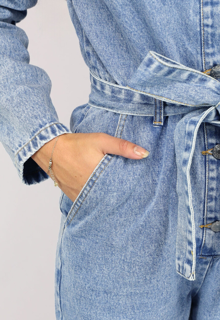 Blauwe Longsleeve Jeans Jumpsuit met Tailleband