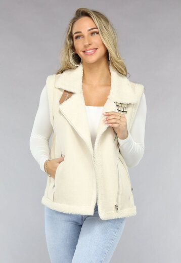 OP=OP.14.AV Beige Suèdelook Bodywarmer met Teddy