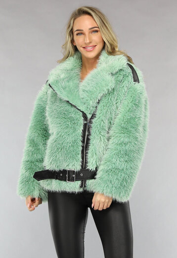 OP=OP.14.AV Turquoise Faux Fur Winterjas met Riem