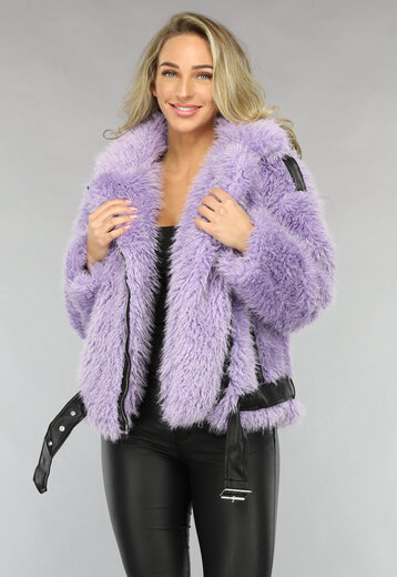 OP=OP.14.AV Paarse Fluffy Winterjas met Riem