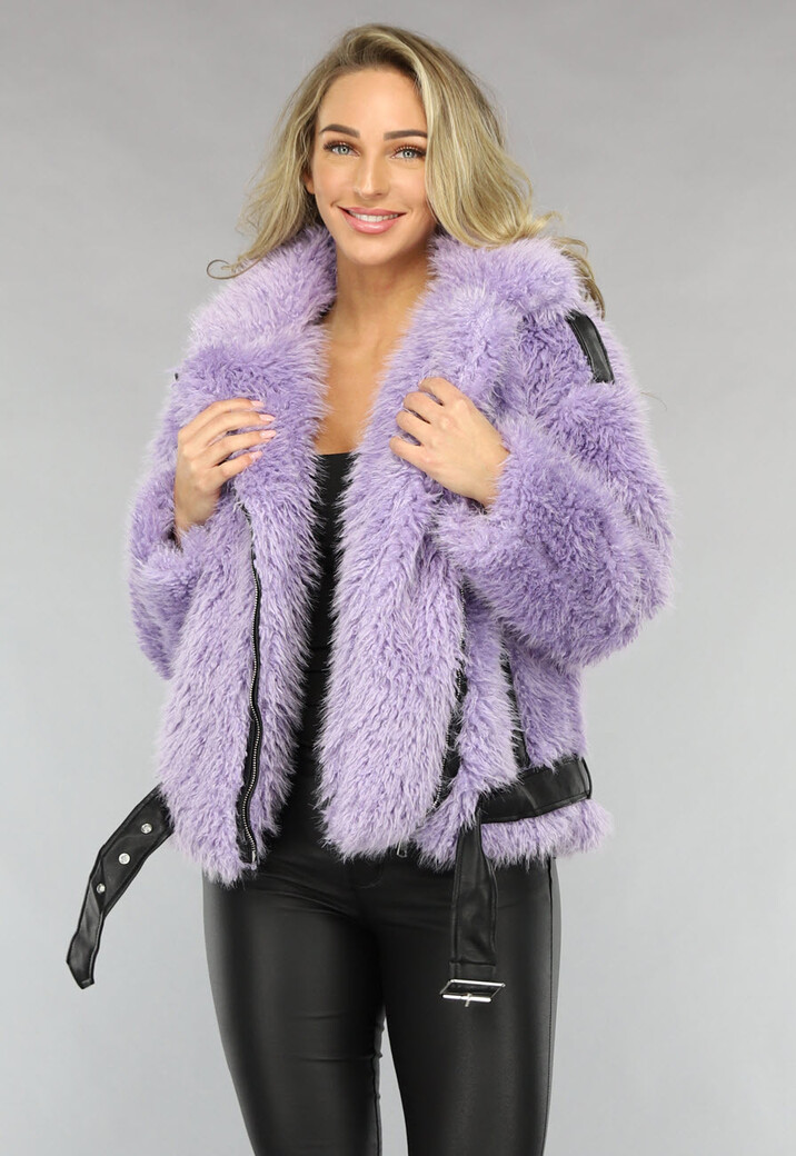 Paarse Fluffy Winterjas met Riem