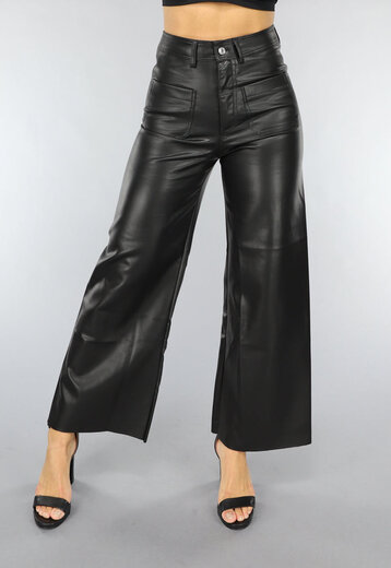 OP=OP.14.AV Zwarte Lederlook Wide Leg Broek