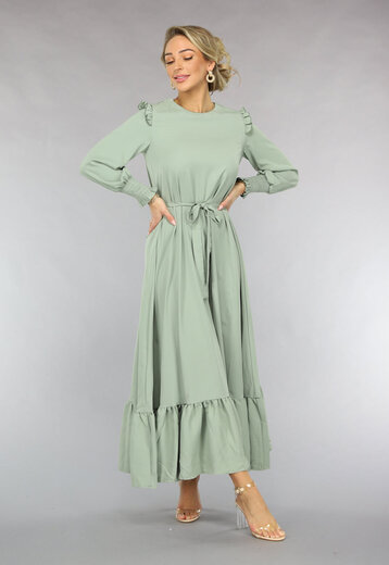 NEW0811 Pastelgroene Maxi Jurk met Ruches