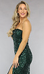 Strapless Groene Sequin Midi Jurk met Split