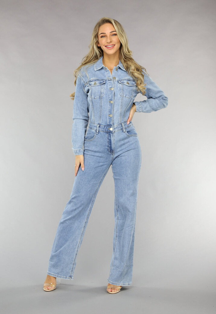 Blauwe Longsleeve Straight Leg Spijker Jumpsuit