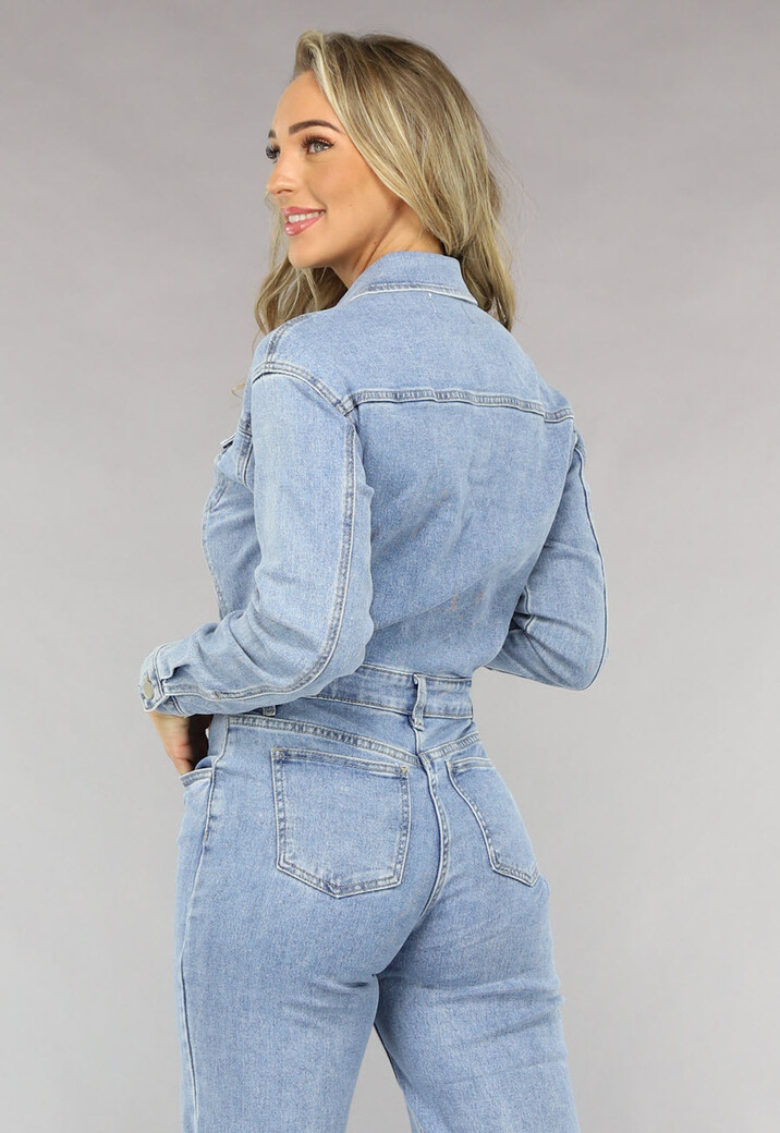 Blauwe Longsleeve Straight Leg Spijker Jumpsuit