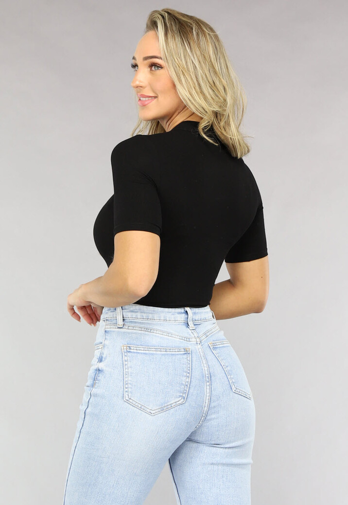 Zwarte Ribstof Bodysuit met Hoge Hals
