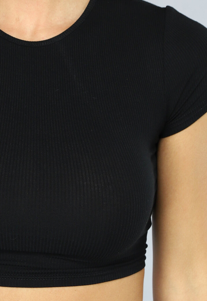Cropped Zwart Rib Topje met Open Rug