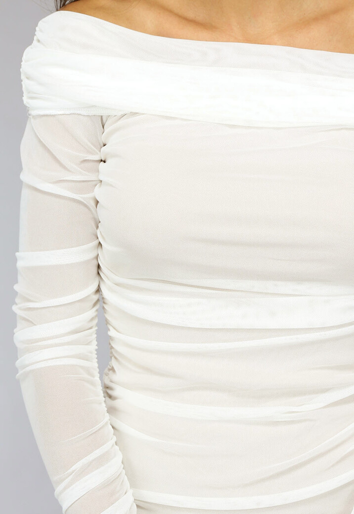 Geplooide Witte Off Shoulder Mesh Jurk