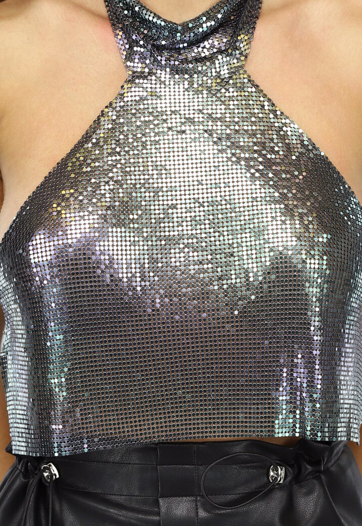 Metallic Zilveren Halter Coin Top met Open Rug