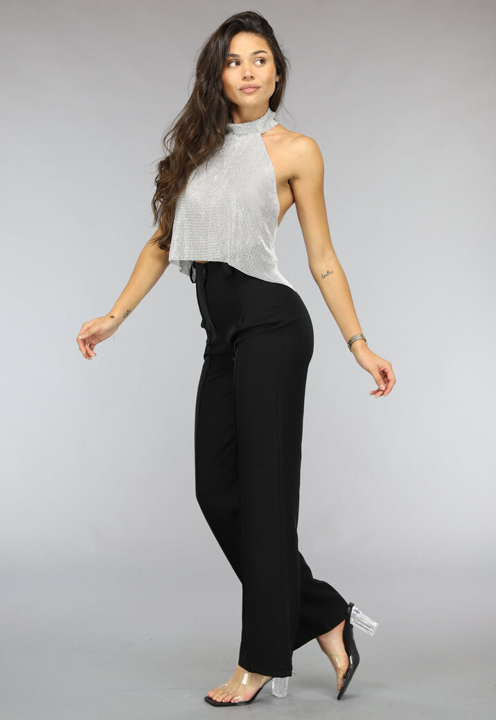 Zilveren Halter Glitter Chain Top met Open Rug
