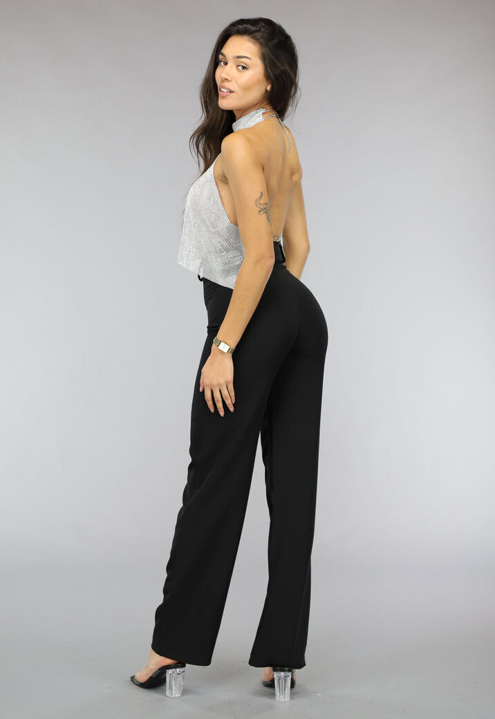 Zilveren Halter Glitter Chain Top met Open Rug