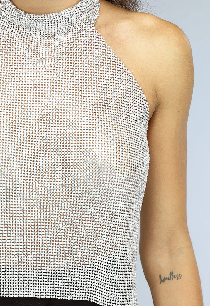 Zilveren Halter Glitter Chain Top met Open Rug