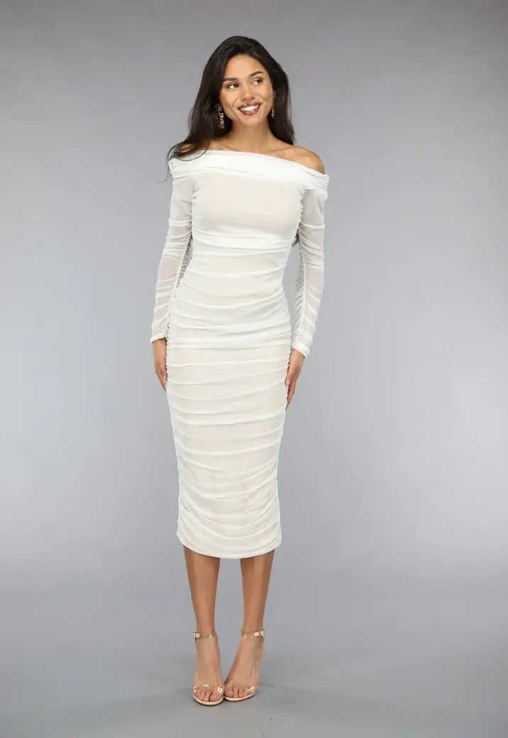 Geplooide Witte Off Shoulder Mesh Jurk