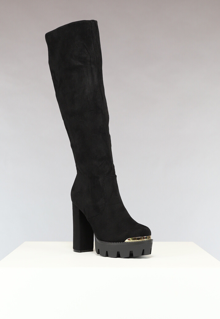 Zwarte Plateau Knielaarzen met Gouden Details