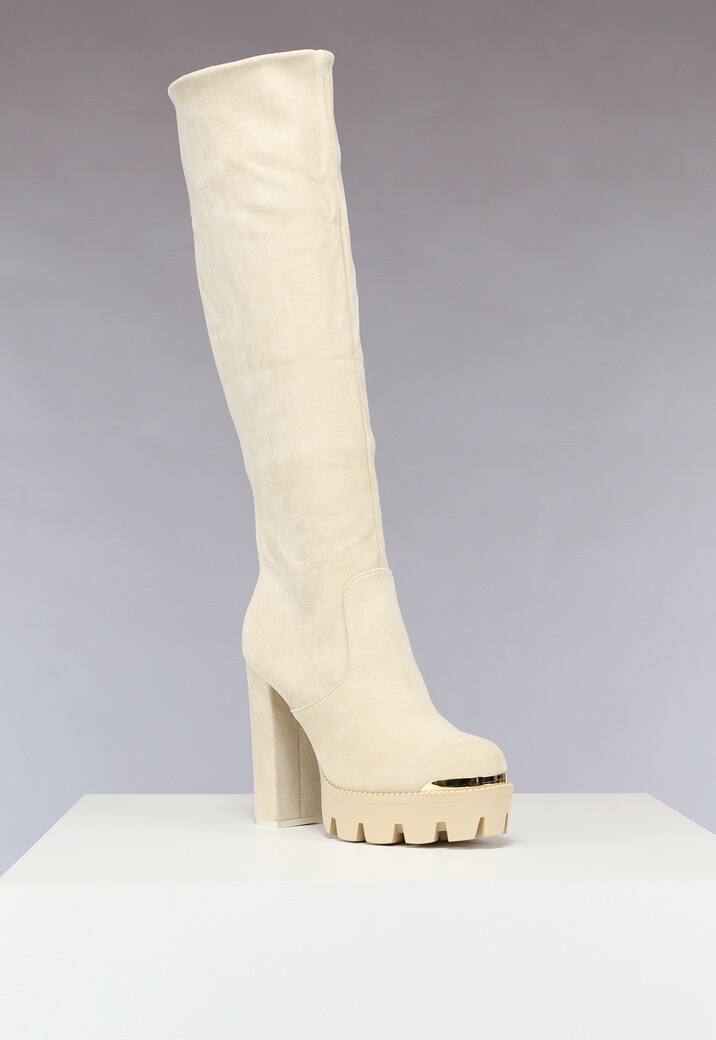 Beige Plateau Knielaarzen met Gouden Details