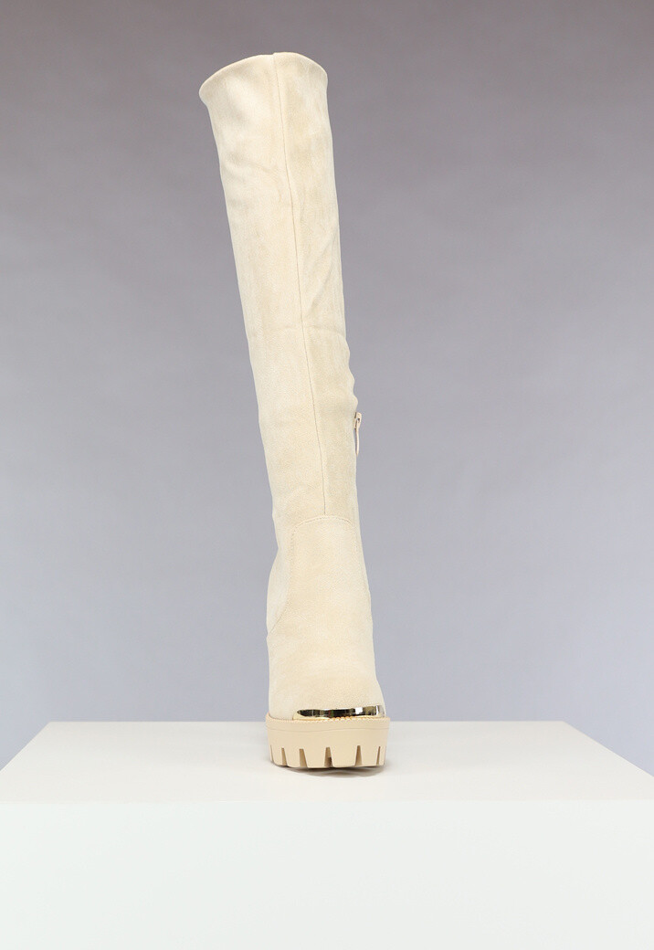 Beige Plateau Knielaarzen met Gouden Details