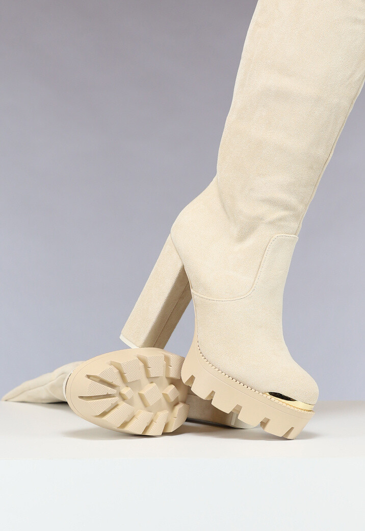 Beige Plateau Knielaarzen met Gouden Details