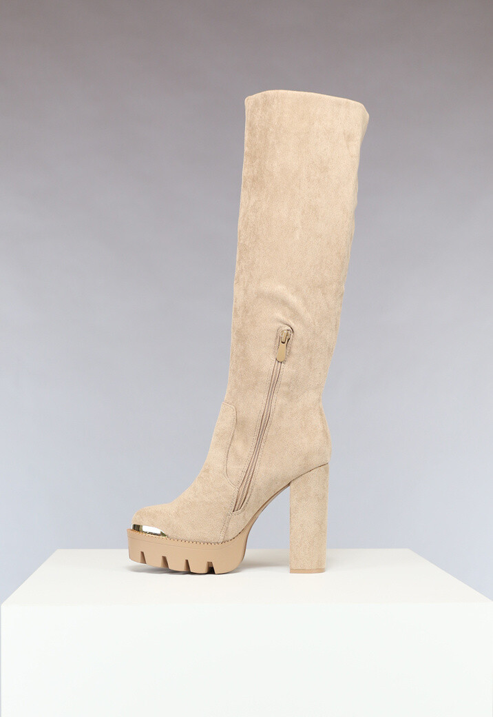 Khaki Plateau Knielaarzen met Gouden Details