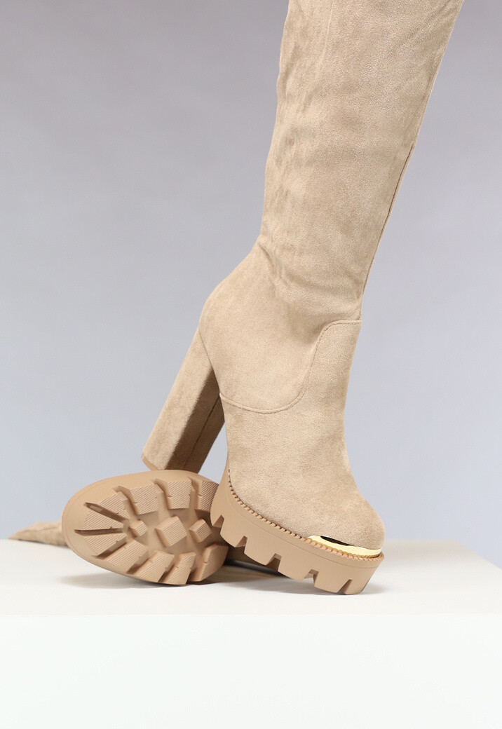 Khaki Plateau Knielaarzen met Gouden Details