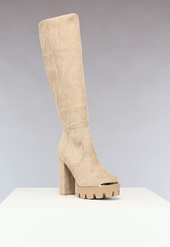 Khaki Plateau Knielaarzen met Gouden Details